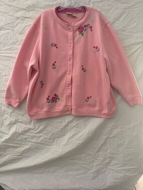 Vintage CC Hughes Cottagecore Pink Embroidered Button Up Sweater